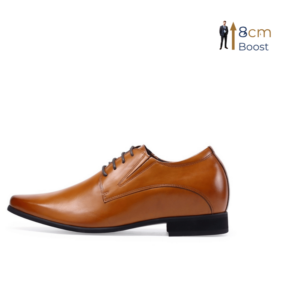 A brown leather dress shoe with a lace-up closure, featuring a slight heel and a round toe style.