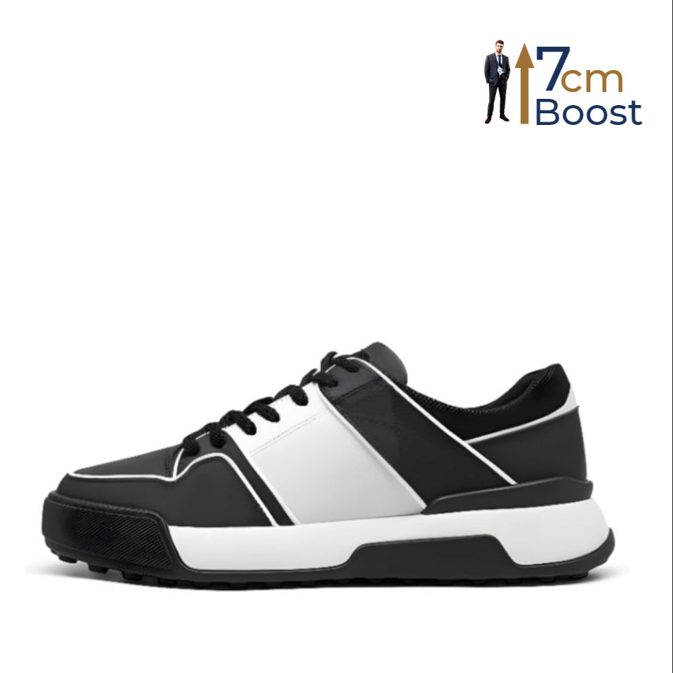 A pair of black and white sneakers with a lace-up closure and a distinctive logo on the heel.