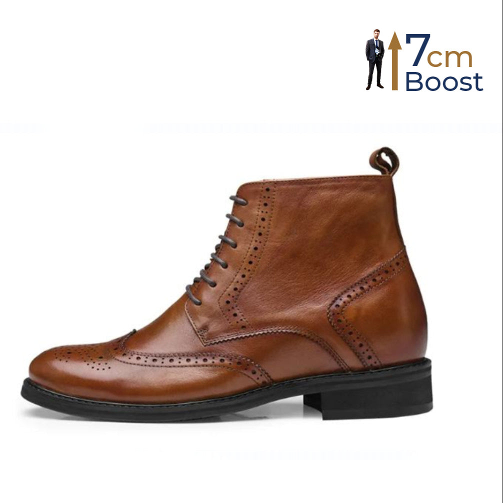 A brown, lace-up height-increasing boot with a smooth counter lining and an invisible insole, designed to make the wearer appear 7cm taller.