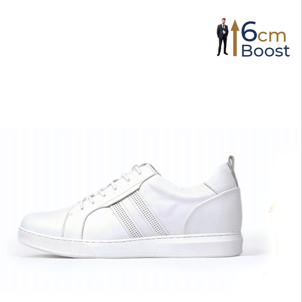 A white, low-top sneaker with lace-up closure and a textured design on the side.