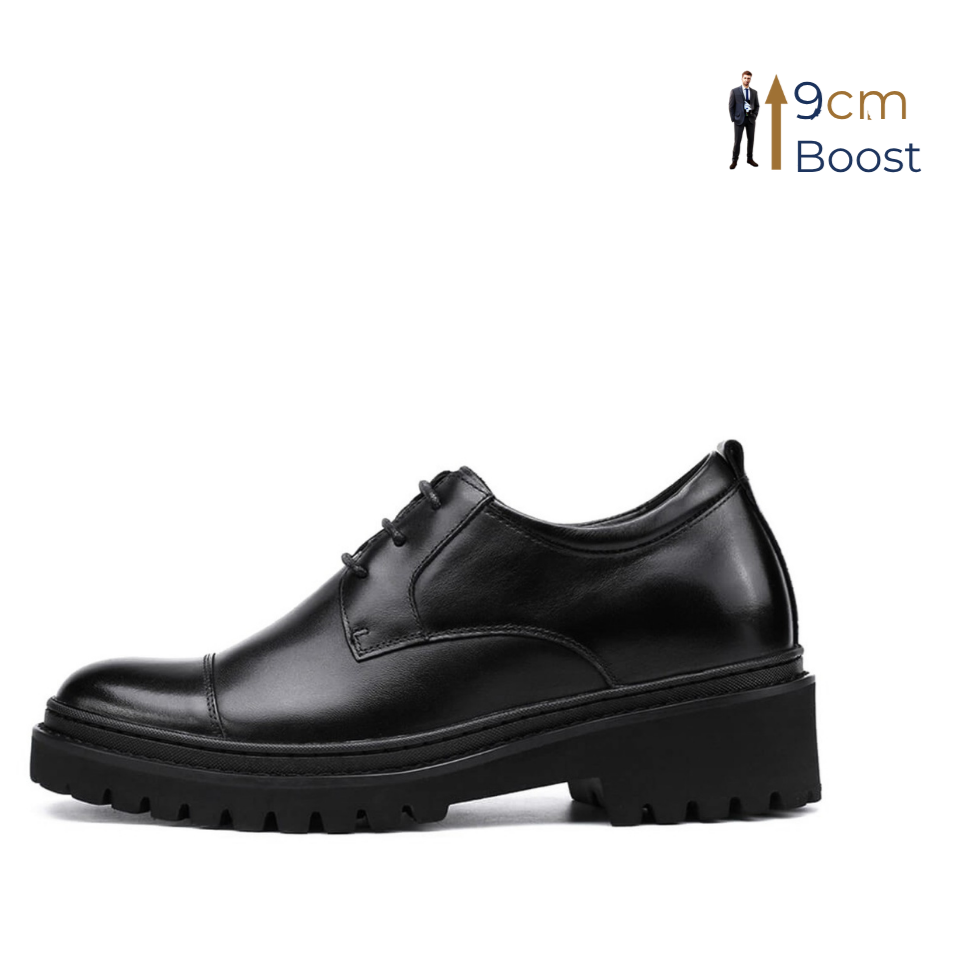 A black leather dress shoe with a 9cm boost in height, featuring a polished finish, minimalist lace-up design, and deep-grooved outsole.