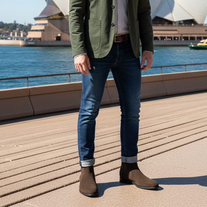 Person standing on a wooden deck with the Sydney Opera House in the background