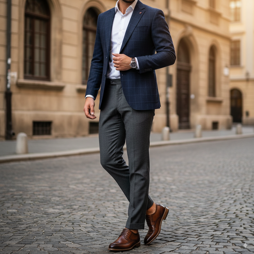 Man in a blue blazer and gray trousers standing on a cobblestone street.