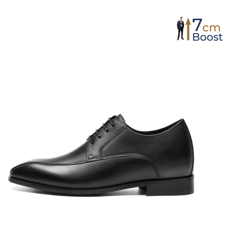 A black leather dress shoe with a lace-up closure and a subtle heel boost for height