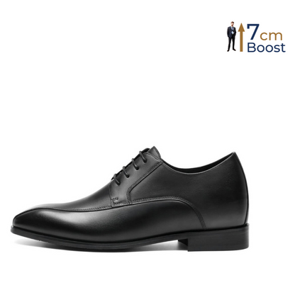 A black leather dress shoe with a lace-up closure and a subtle heel boost for height