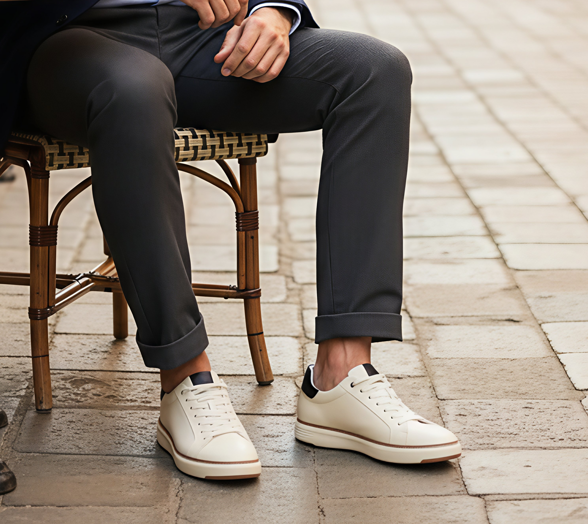 Person wearing white sneakers with dark pants sitting on a wooden chair outdoors.