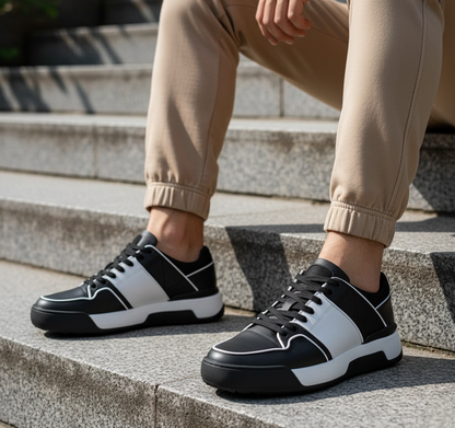 Black and white sneakers worn on a person sitting on steps.