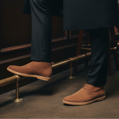 Man in a long coat and brown shoes standing in a bar.