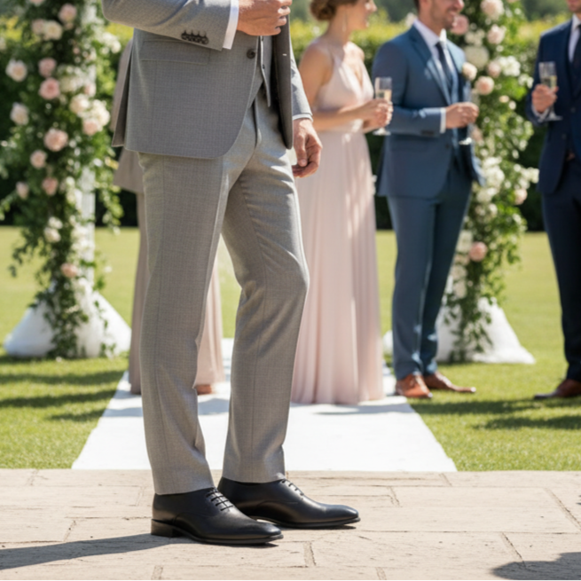 Wedding ceremony with guests in formal attire on a grassy area with floral decorations.