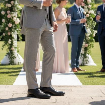 Wedding ceremony with guests in formal attire on a grassy area with floral decorations.