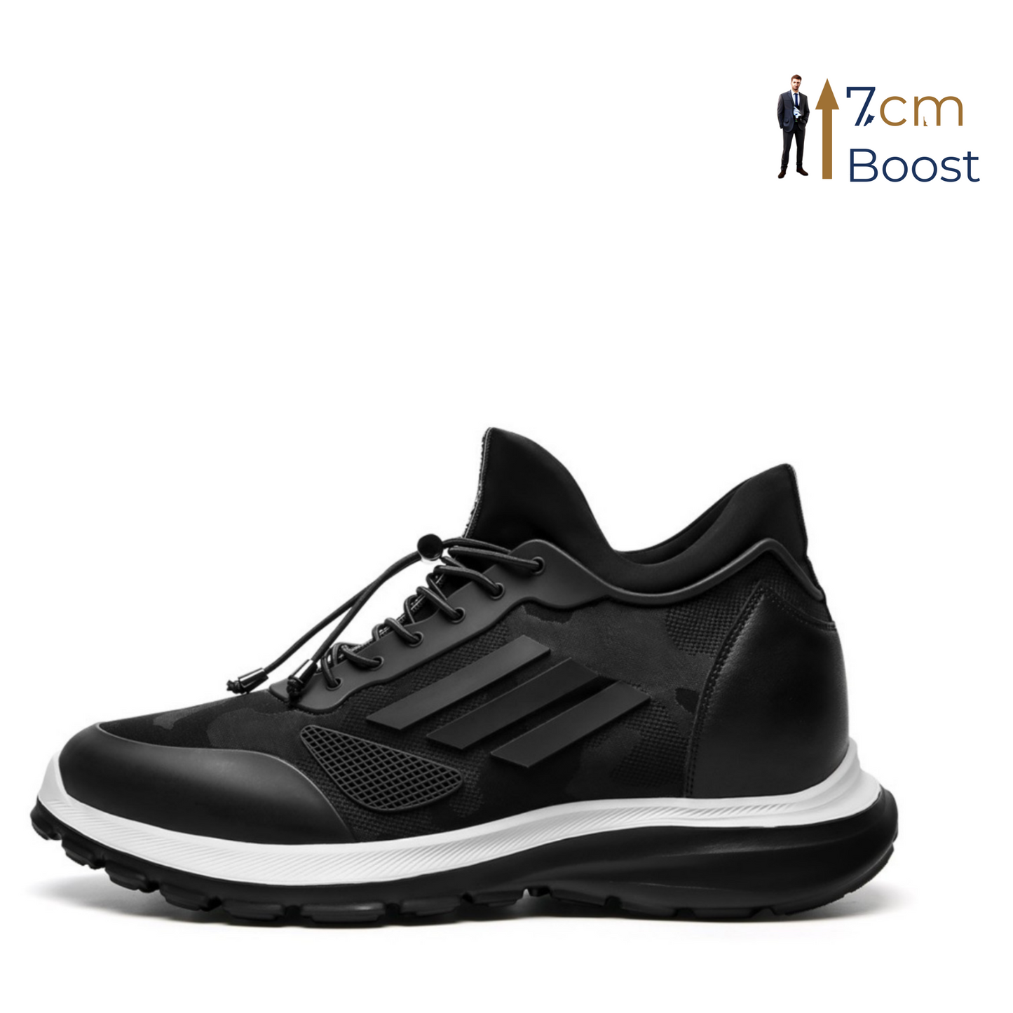 Black Adidas sneaker with white sole on a white background