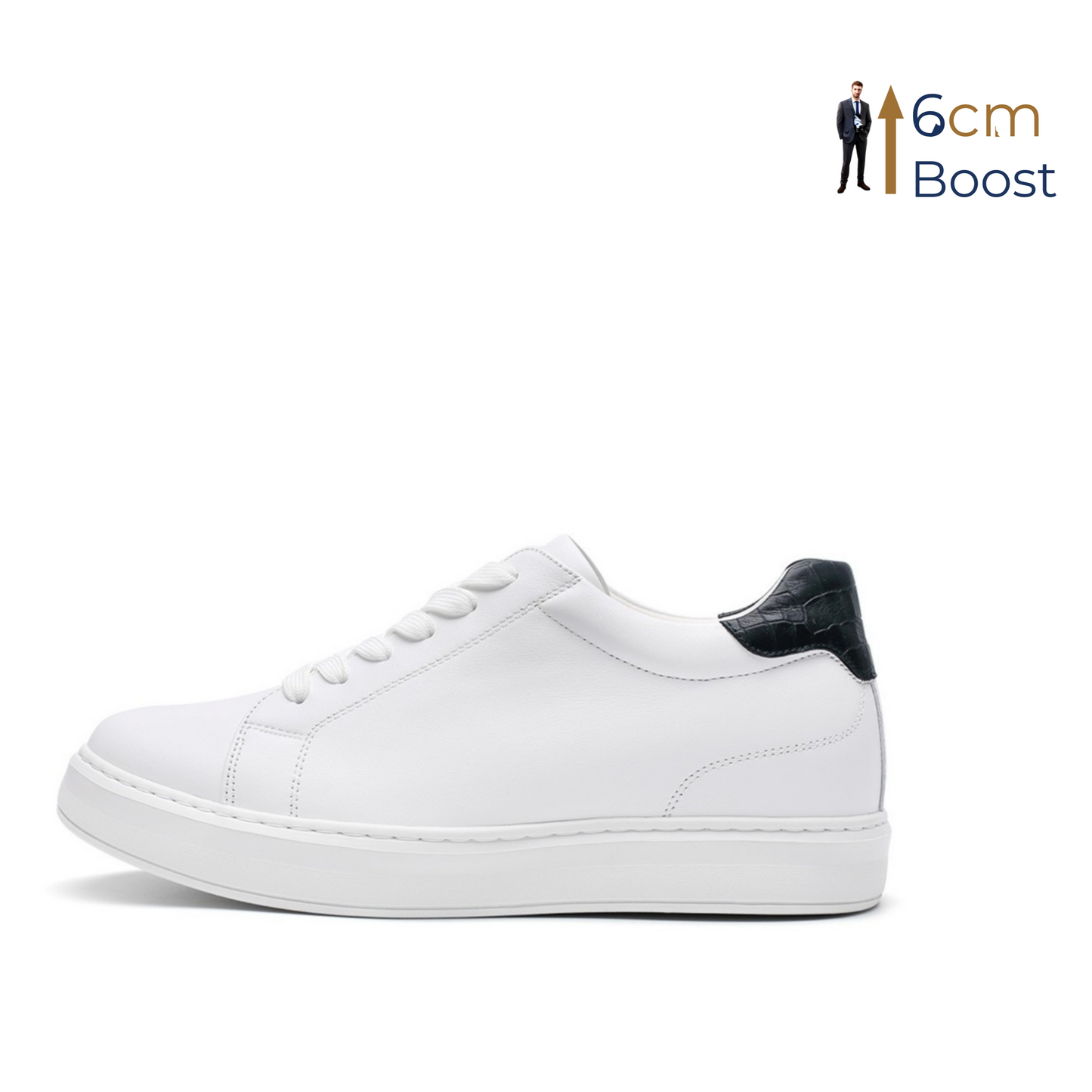 White sneaker with black heel tab on a white background