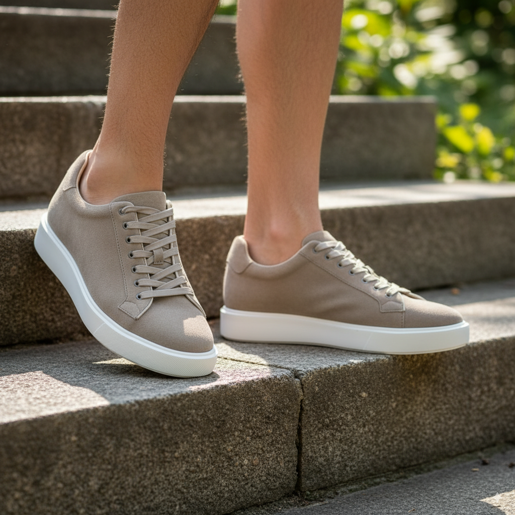 Beige sneakers with white soles worn on a person's feet standing on concrete steps.