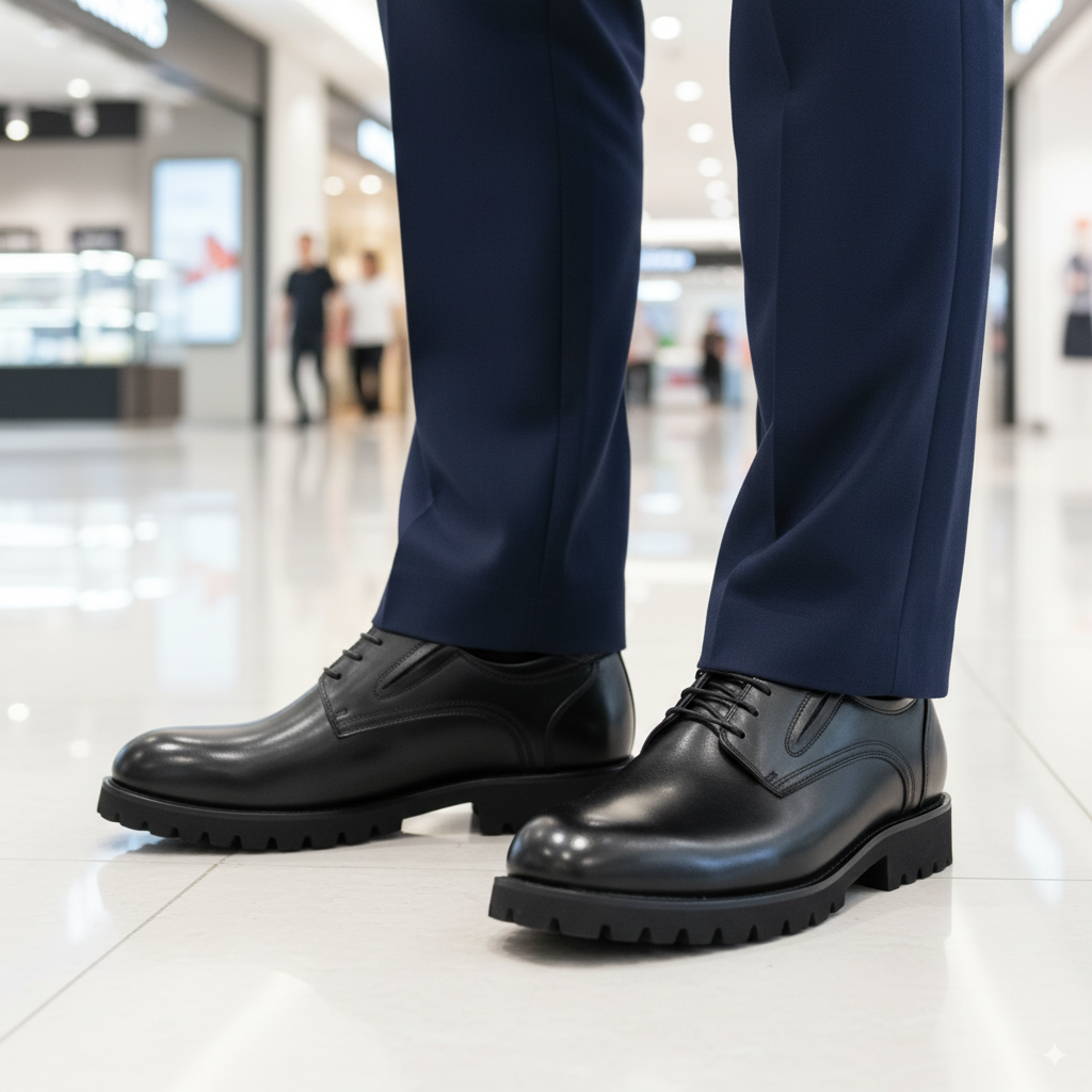 Black dress shoes worn with navy blue pants in a blurred indoor setting