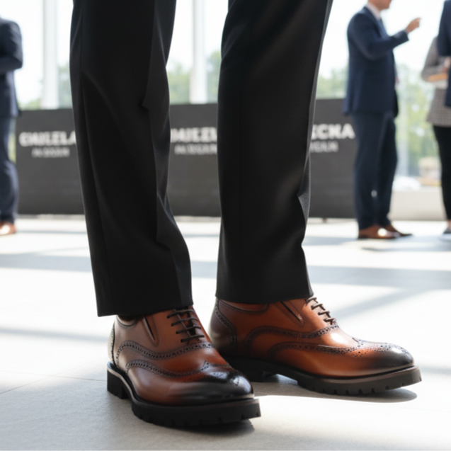 Businessmen in formal attire with a focus on their shoes in an office setting.