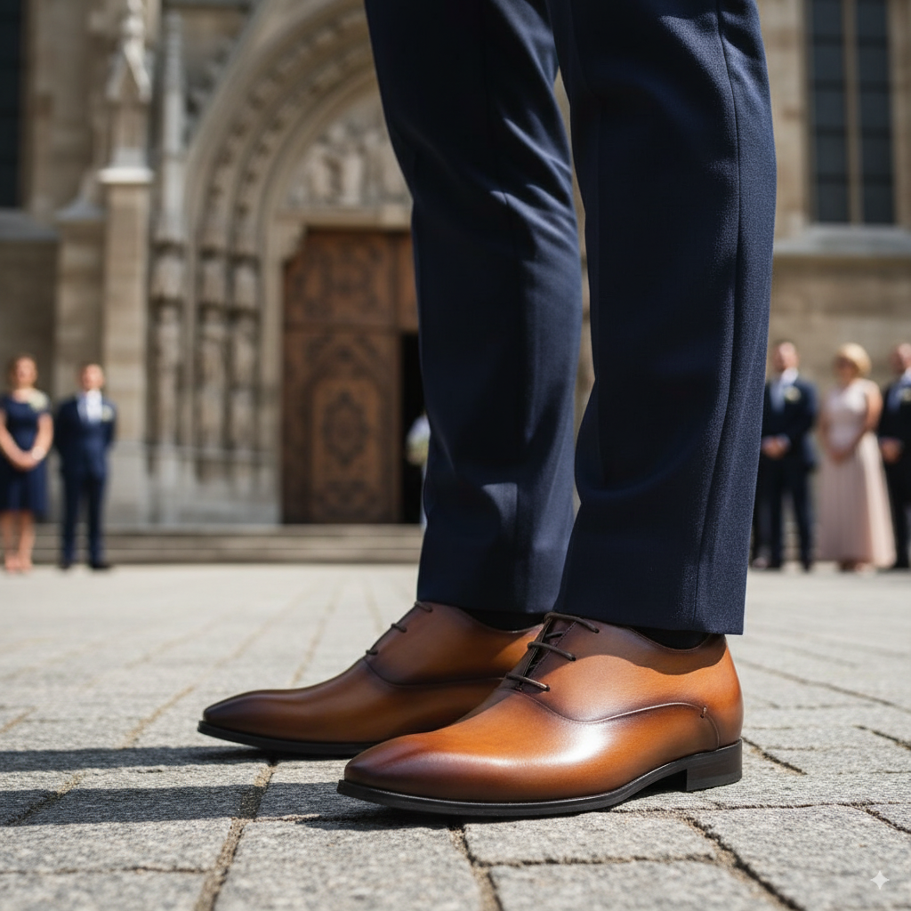 Brown leather shoes worn with navy pants in an outdoor setting with people in the background.