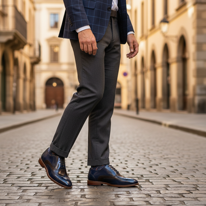 Person wearing a suit and shoes on a cobblestone street with old buildings in the background