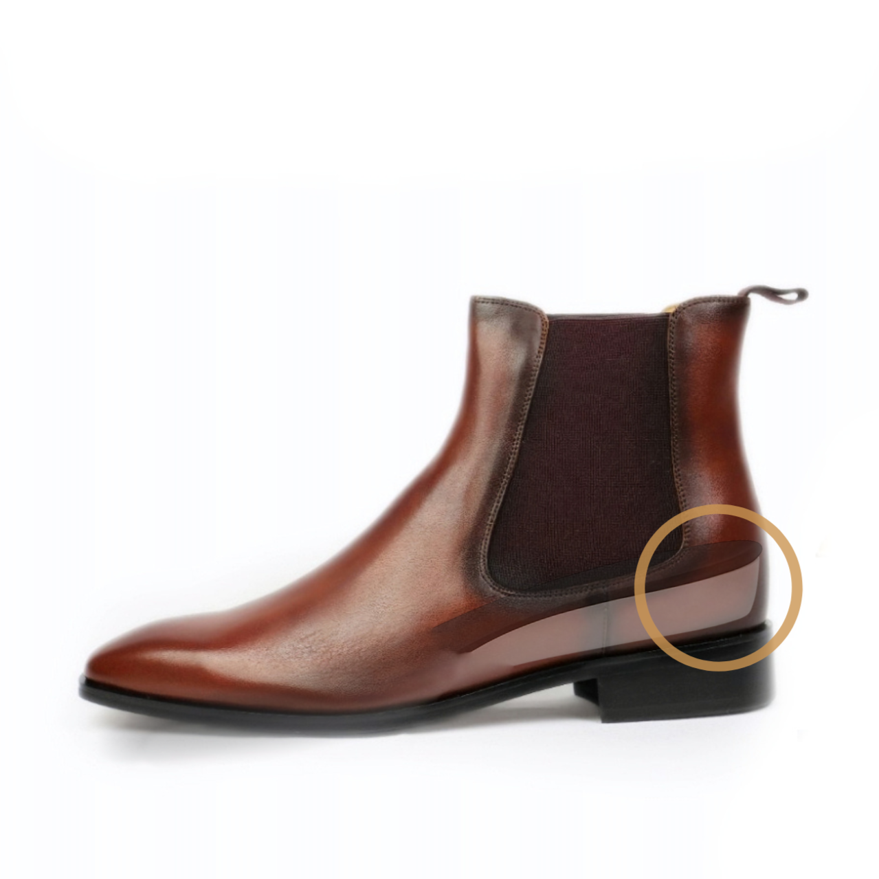 Brown leather Chelsea boot on a white background with a gold circle highlighting the sole.